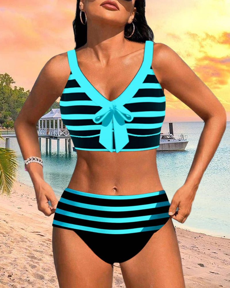Women's Striped Bikini Set with High Waist and Adjustable Straps