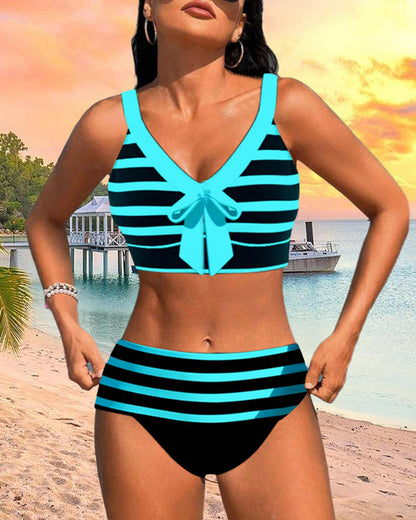 Women's Striped Bikini Set with High Waist and Adjustable Straps