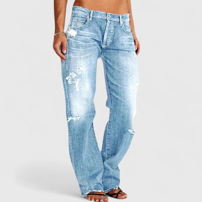 Women's Distressed Straight Leg Jeans with Low Rise and Classic Fit