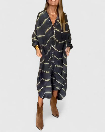 Alluring Statement Making Tie-Dye Print Premium-Cotton Button-Down Midi Shirt Dress