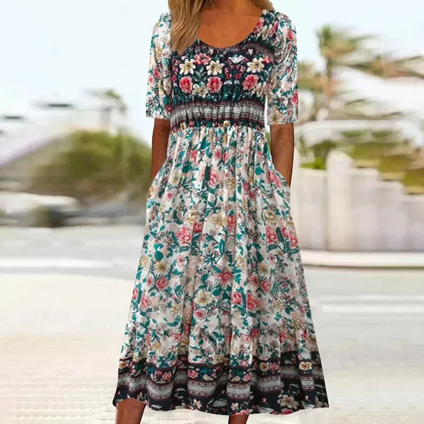 Women's Bohemian Print Dress with Round Neckline and Flowy Skirt