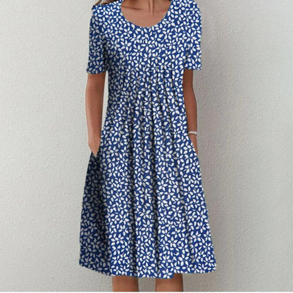 Women's Casual Floral Dress with Pockets and Short Sleeves