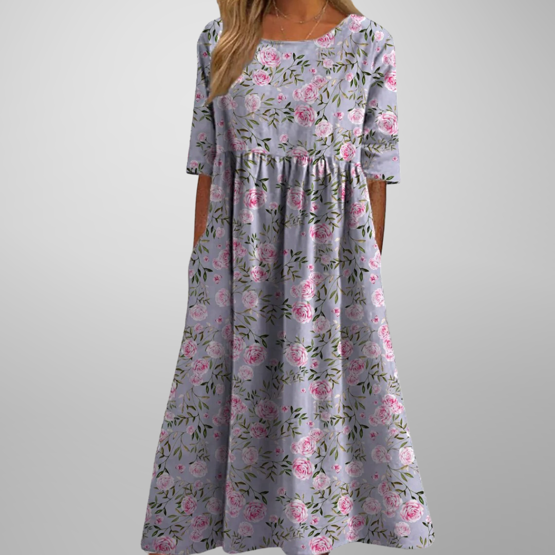 Effortlessly Sophisticated Luxurious Linen Floral Print Flowing Silhouette Midi Dress