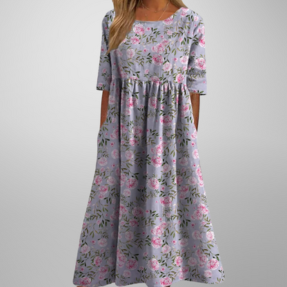 Effortlessly Sophisticated Luxurious Linen Floral Print Flowing Silhouette Midi Dress