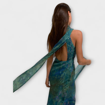 Women’s Iris Print Silk Maxi Dress – Elegant Garden Inspired Draped Silhouette Dress