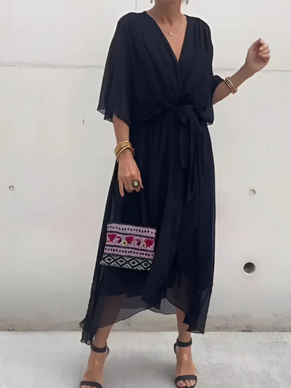 Timeless Elegant Wrap Front Georgette Chiffon Multiway Flex Draped Silhouette Midi Dress