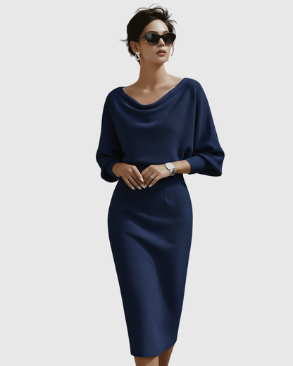 Women's Midi Dress with Cowl Neck and Batwing Sleeves
