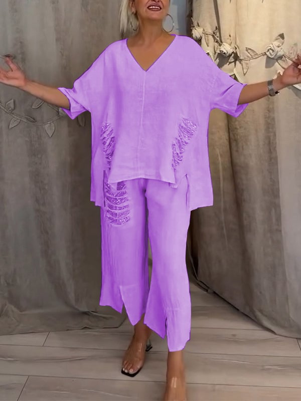 Valerie | Casual 2-Piece Set with V-Neck Top and Cropped Trousers