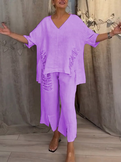Valerie | Casual 2-Piece Set with V-Neck Top and Cropped Trousers