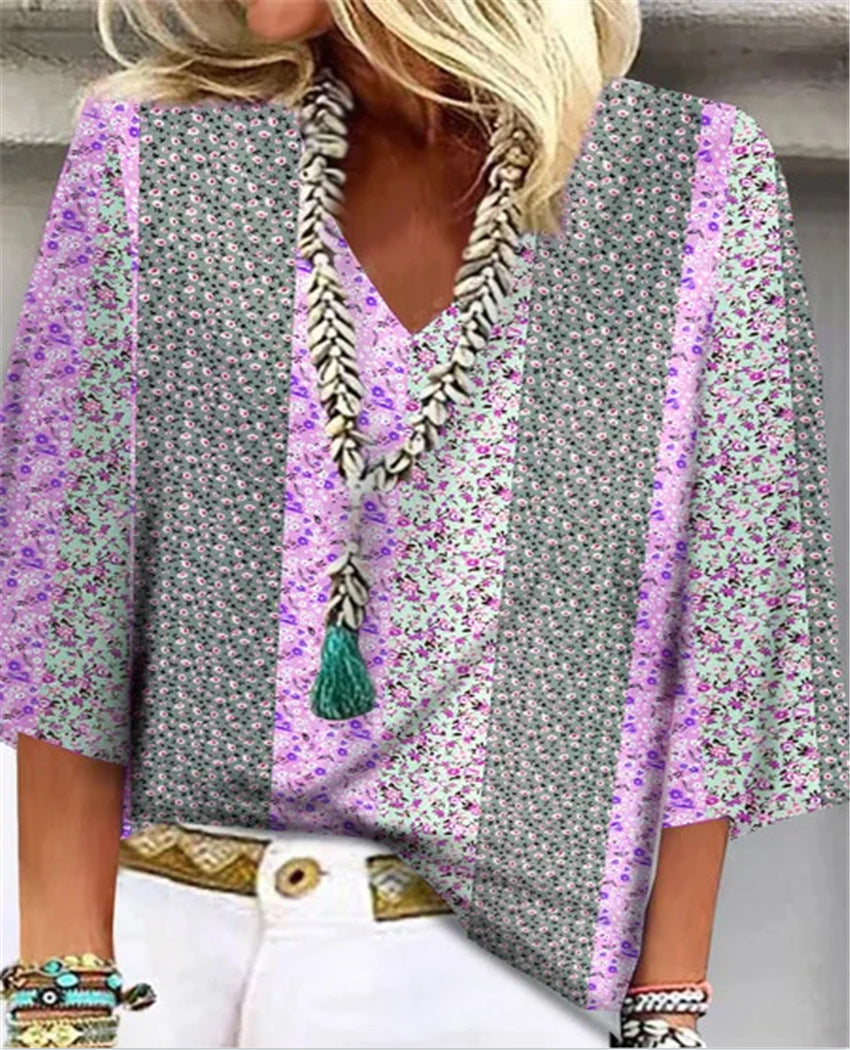 Women's Floral Patchwork V-Neck Top with 3/4 Sleeves and Versatile Style