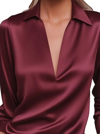 Women's V-Neck Blouse with Satin Finish and Elegant Design