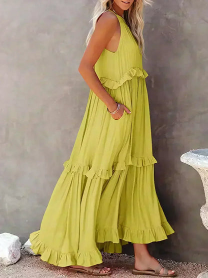 Women's Sleeveless Dress with Ruffles and Flowy Design