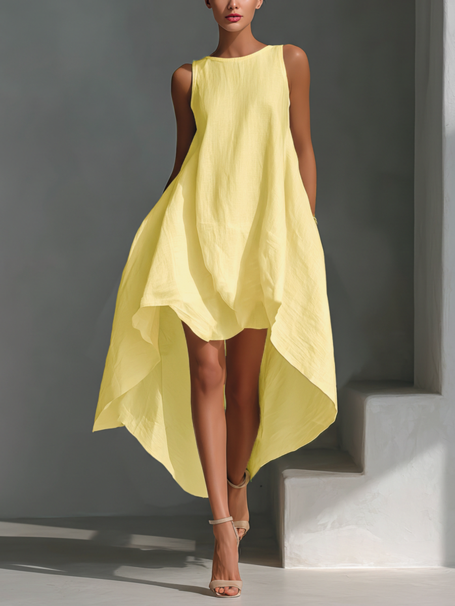 Women’s Linen Midi Dress – Sleeveless Round Neck Asymmetric Hem Elegant Dress
