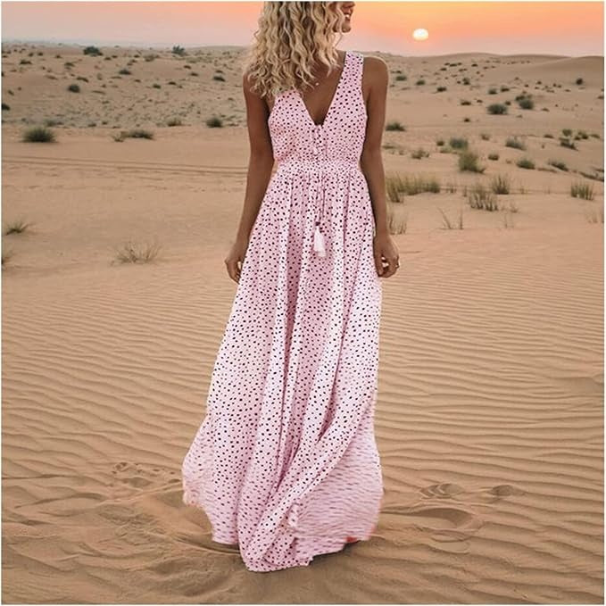 Women’s Polka Dot Maxi Dress – Boho Chic Flowing Draped Silhouette Elegant Dress