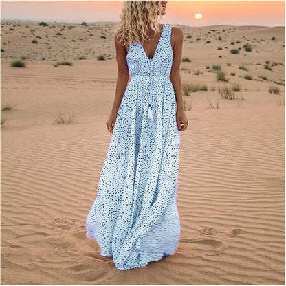 Women’s Polka Dot Maxi Dress – Boho Chic Flowing Draped Silhouette Elegant Dress