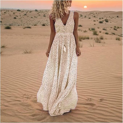 Women’s Polka Dot Maxi Dress – Boho Chic Flowing Draped Silhouette Elegant Dress