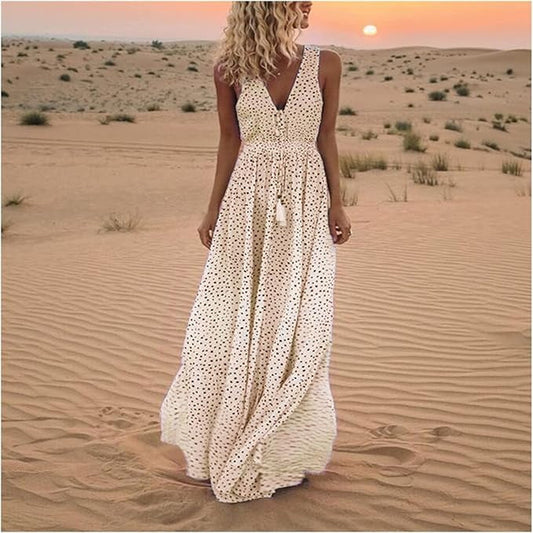 Women’s Polka Dot Maxi Dress – Boho Chic Flowing Draped Silhouette Elegant Dress