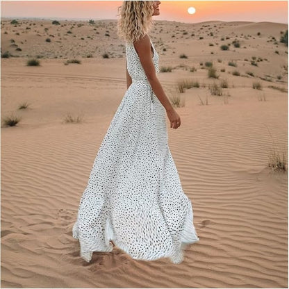 Women’s Polka Dot Maxi Dress – Boho Chic Flowing Draped Silhouette Elegant Dress