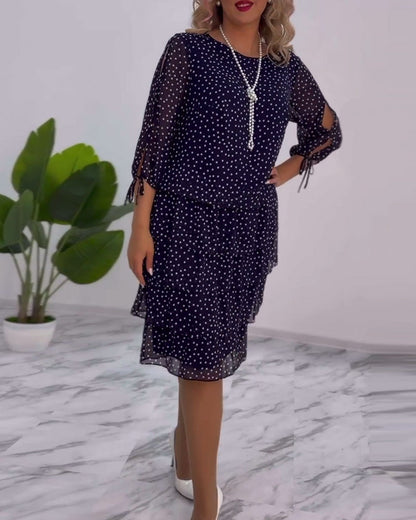 Women’s Polka Dot Chiffon Midi Dress – Navy White Tiered Elegant Three-Quarter Sleeve Dress