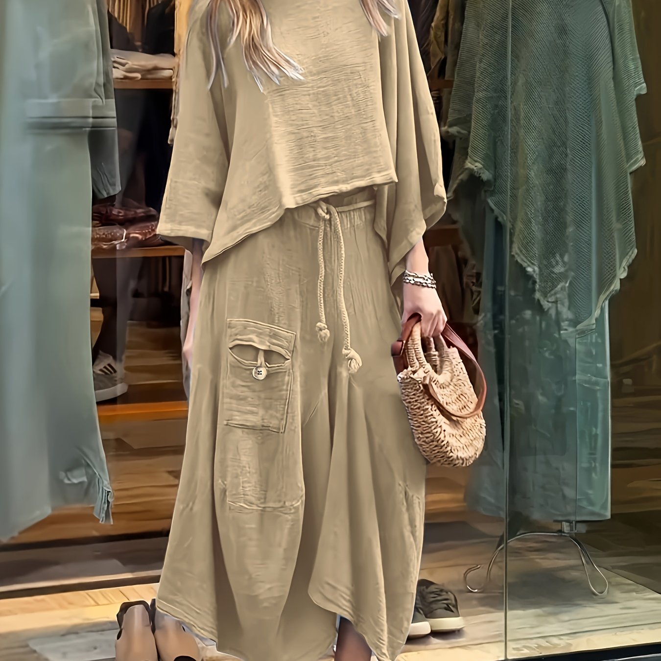 Premium Fashion Solid Color Top and Skirt Set – Casual Round Neck Two-Piece Outfit