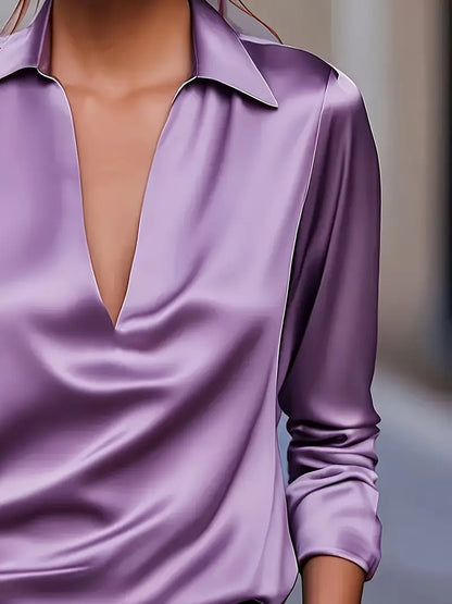 Women's V-Neck Blouse with Satin Finish and Elegant Design