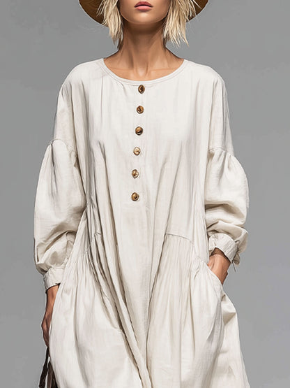Women’s Cotton Midi Dress – Luxurious Button Front with Spacious Pockets All-Day Comfort Dress
