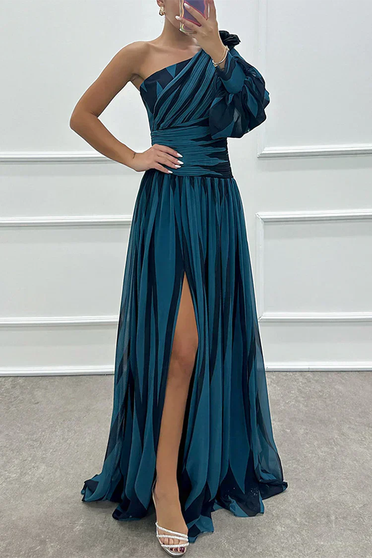 Alluring Sophisticated Pinstriped One Shoulder Sateen Weave Draped Waistline Maxi Dress