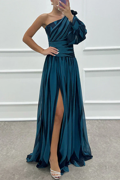 Alluring Sophisticated Pinstriped One Shoulder Sateen Weave Draped Waistline Maxi Dress