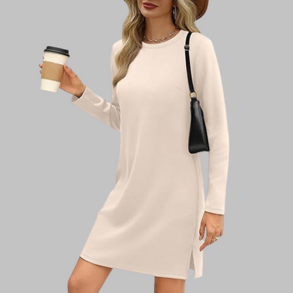 Women's Long Sleeve Round Neck Dress with Relaxed Fit and Versatile Style