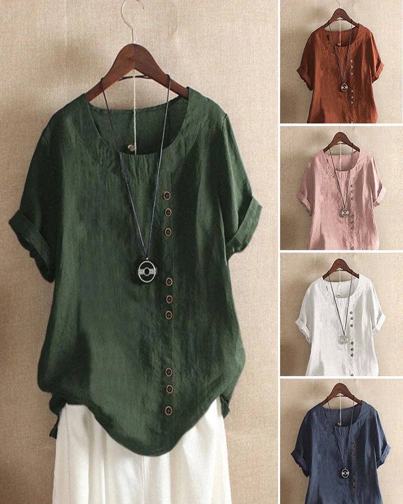 Women's Casual Short Sleeve Top with Button Front and Crew Neck