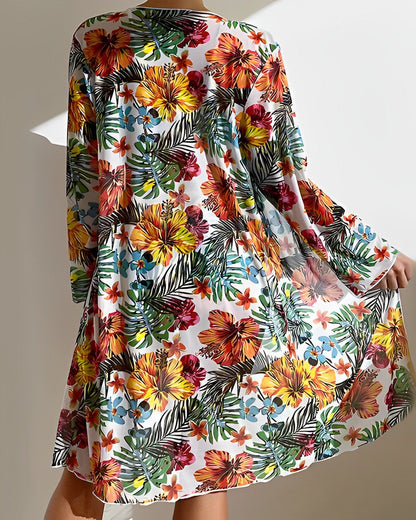 Women's Tropical Print Bikini Set with Matching Cover-Up and Adjustable Straps