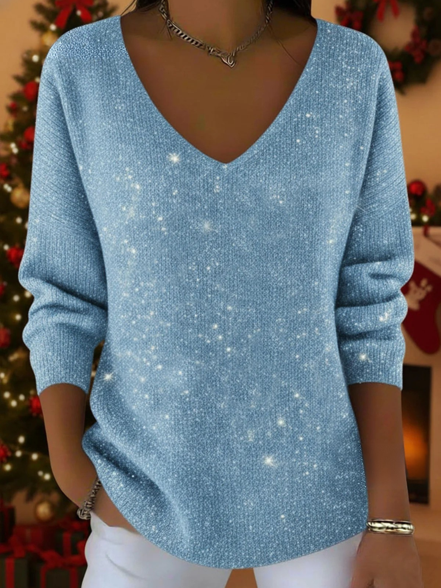 Women's V-Neck Jumper with Festive Design and Soft Knit