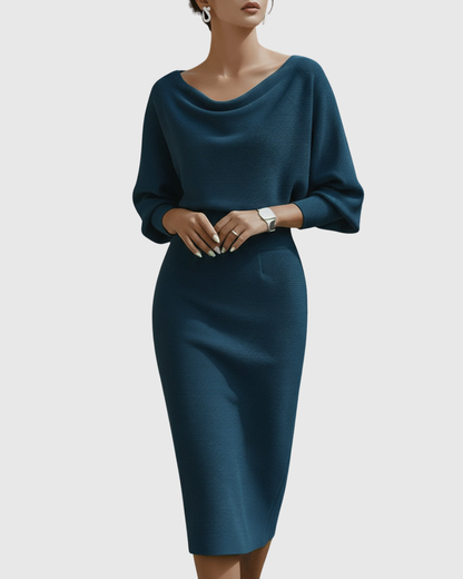 Women's Midi Dress with Cowl Neck and Batwing Sleeves