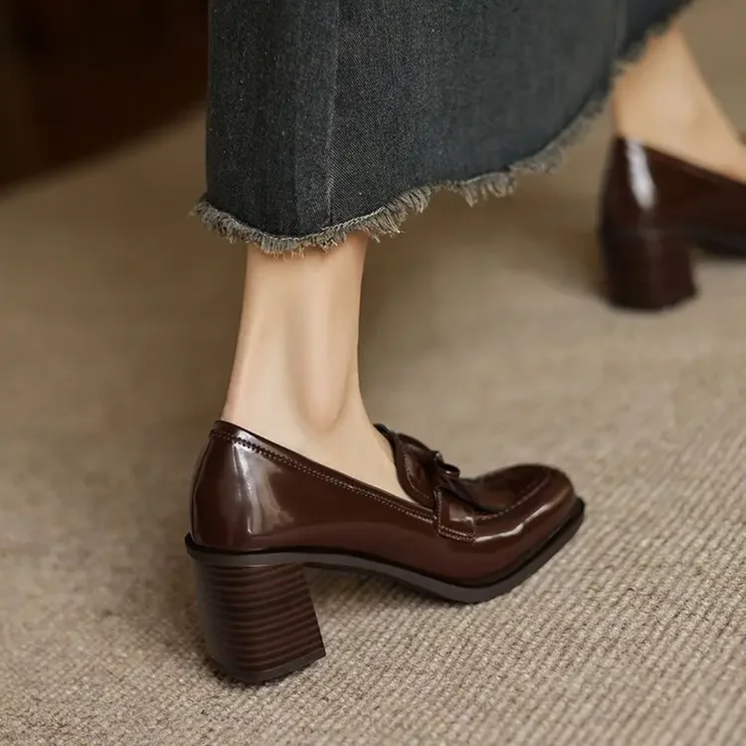 Women's Tassel Loafer Pumps with Block Heel and Round Toe