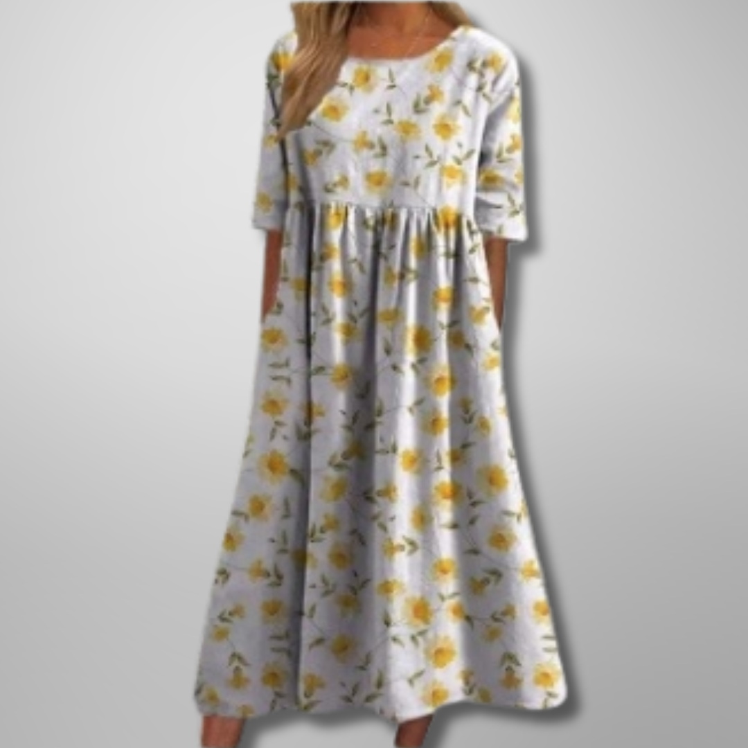 Effortlessly Sophisticated Luxurious Linen Floral Print Flowing Silhouette Midi Dress