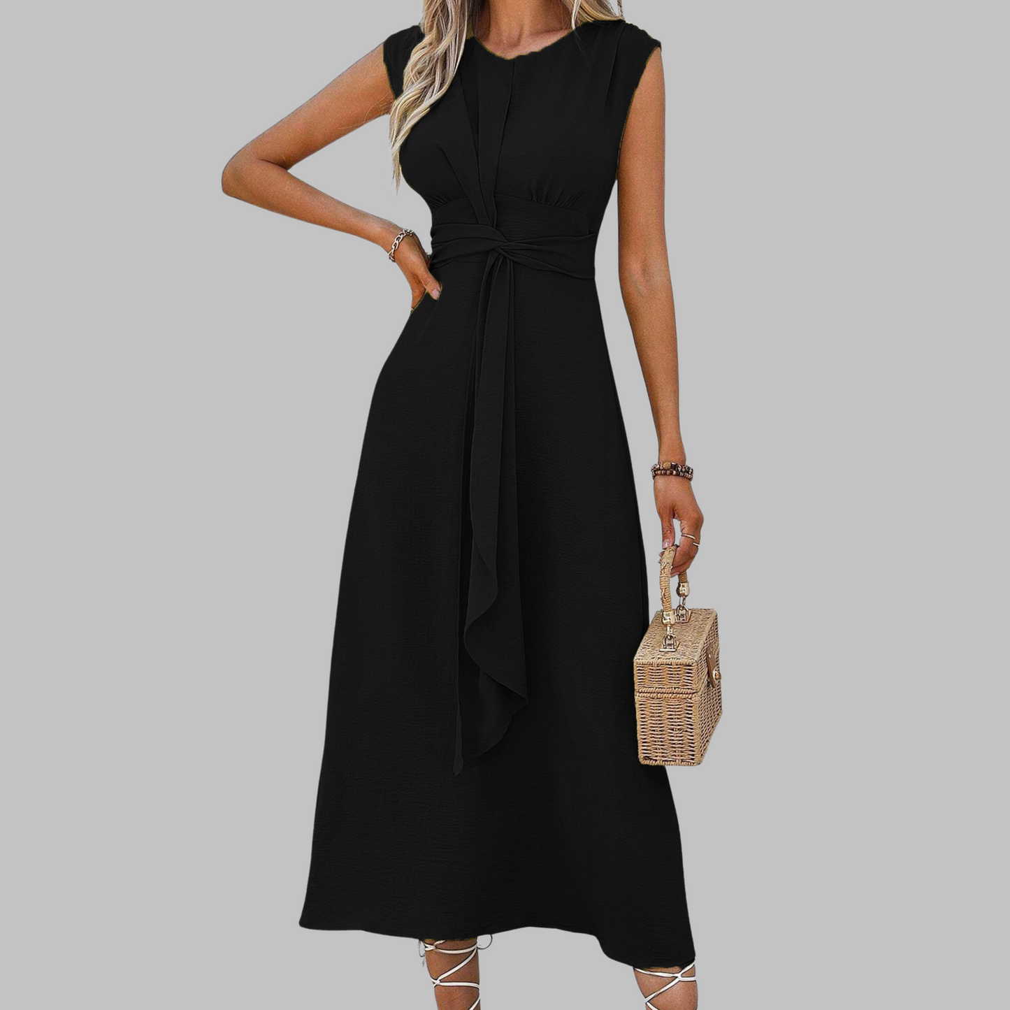 Women’s Crepe Midi Dress – Sophisticated Sleeveless Round Neck Tie Waist Belted Dress