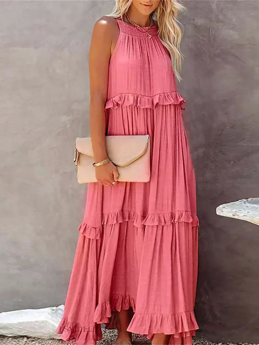 Women's Sleeveless Dress with Ruffles and Flowy Design