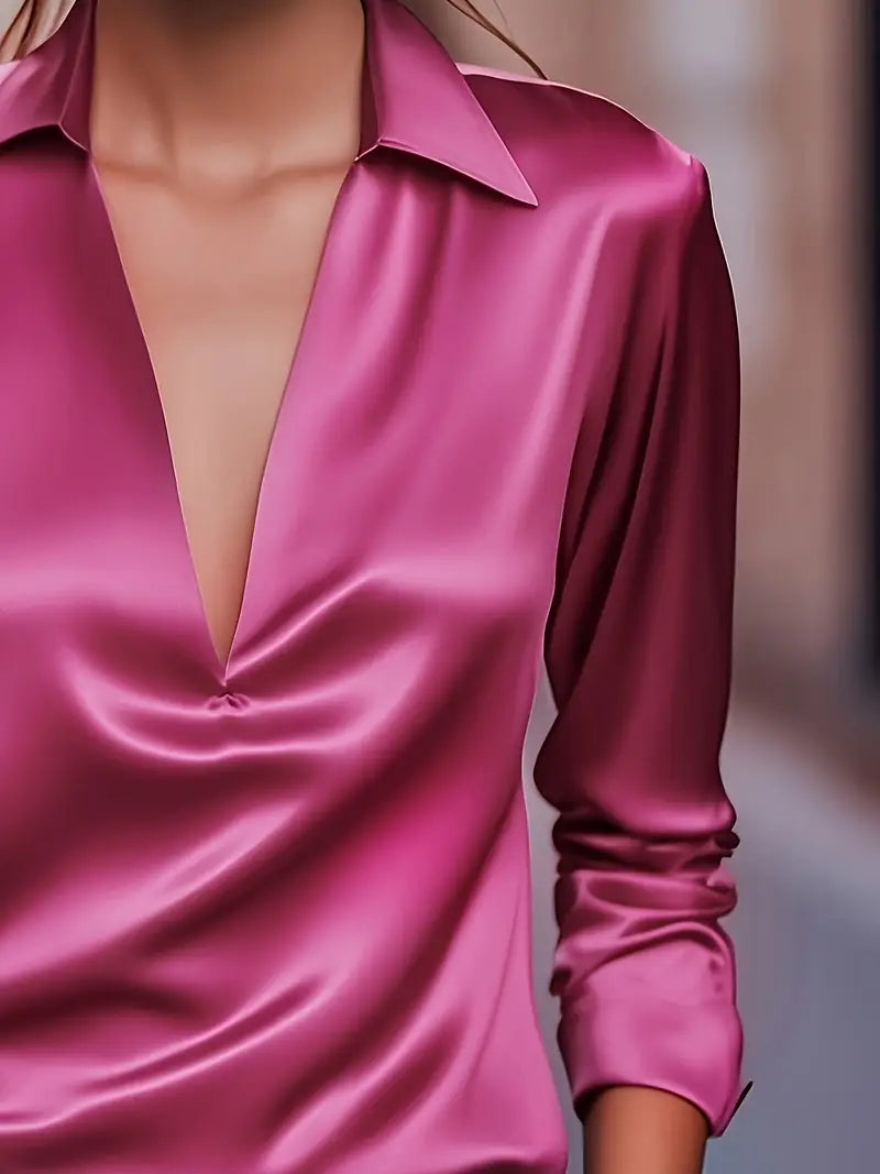 Women's V-Neck Blouse with Satin Finish and Elegant Design