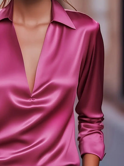 Women's V-Neck Blouse with Satin Finish and Elegant Design
