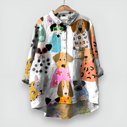 Women's Casual Shirt with Dog Print and Short Sleeves