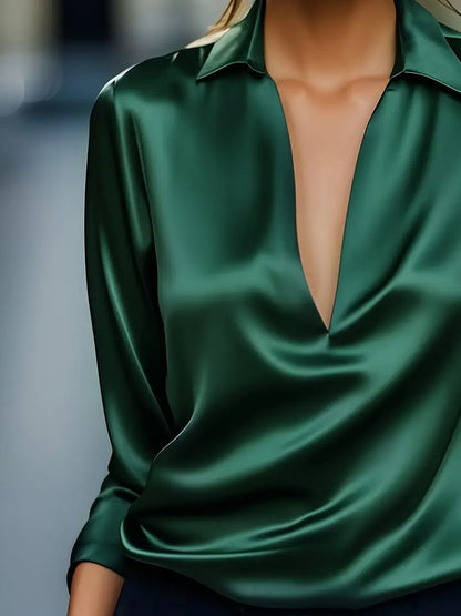 Women's V-Neck Blouse with Satin Finish and Elegant Design