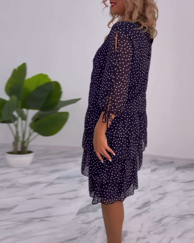 Women’s Polka Dot Chiffon Midi Dress – Navy White Tiered Elegant Three-Quarter Sleeve Dress