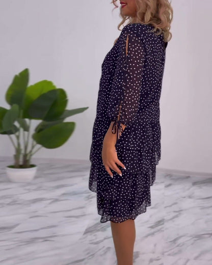 Women’s Polka Dot Chiffon Midi Dress – Navy White Tiered Elegant Three-Quarter Sleeve Dress