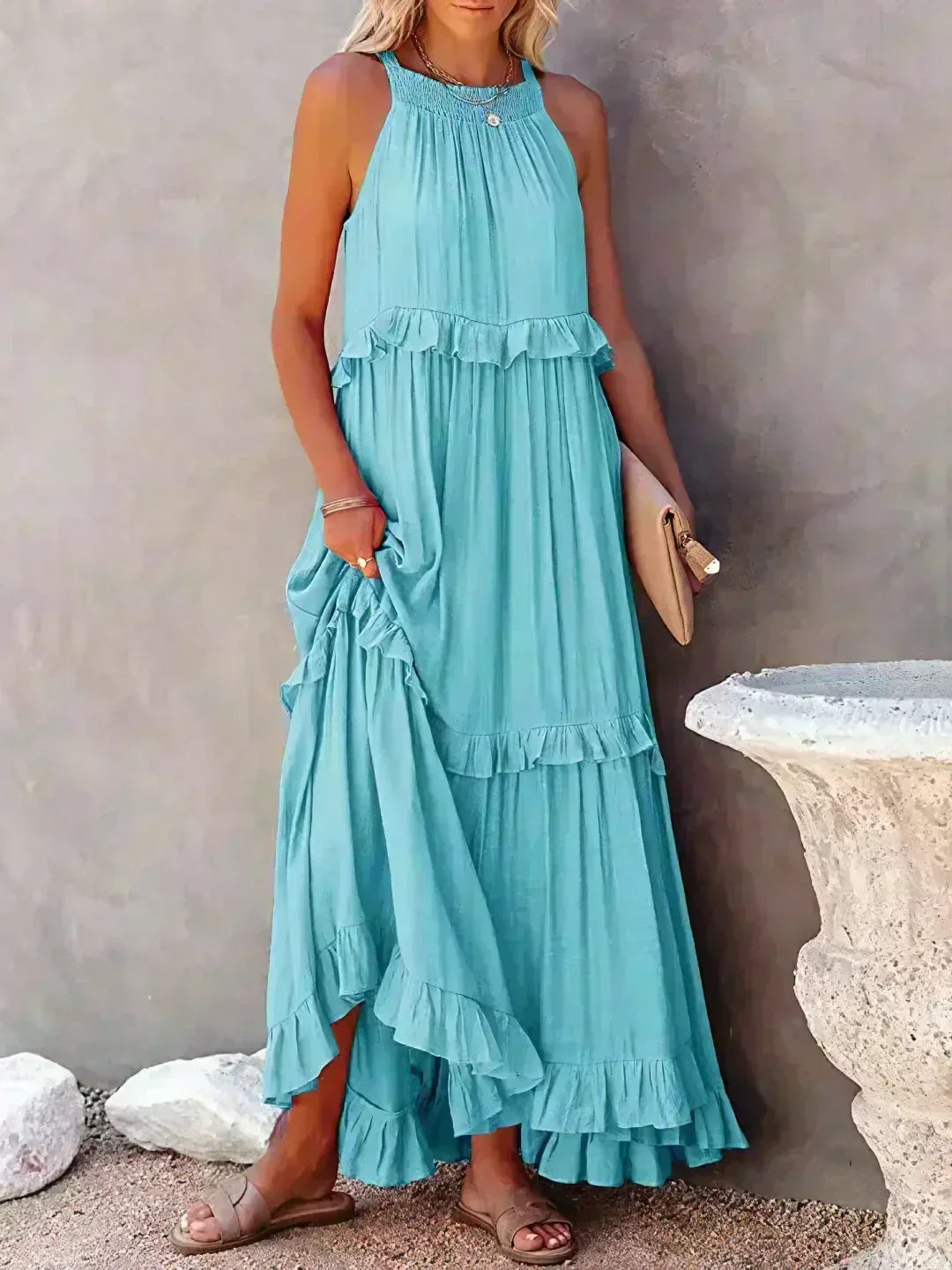 Women's Sleeveless Dress with Ruffles and Flowy Design