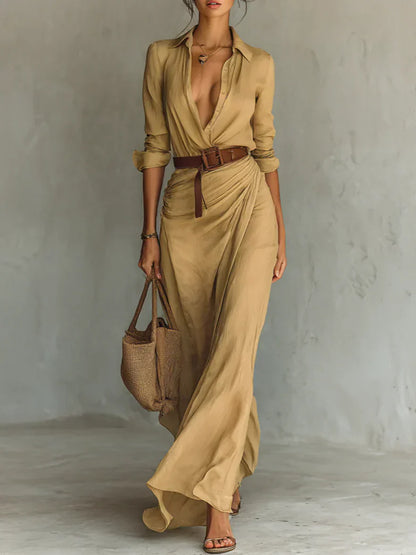 Unquestionably Sophisticated Architectural Contemporary Lapel Front Crepe Maxi Belted Dress