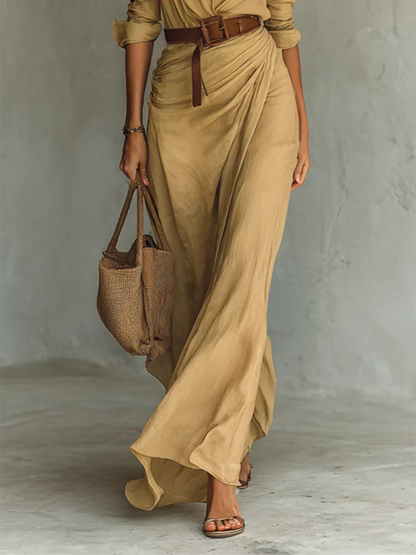 Women's Maxi Dress with Lapel Collar and Long Sleeves