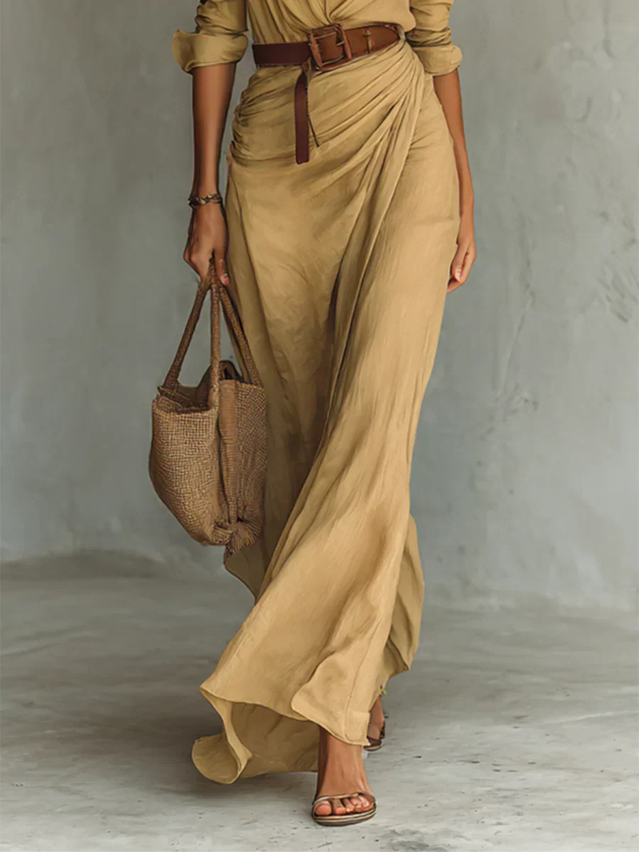 Unquestionably Sophisticated Architectural Contemporary Lapel Front Crepe Maxi Belted Dress