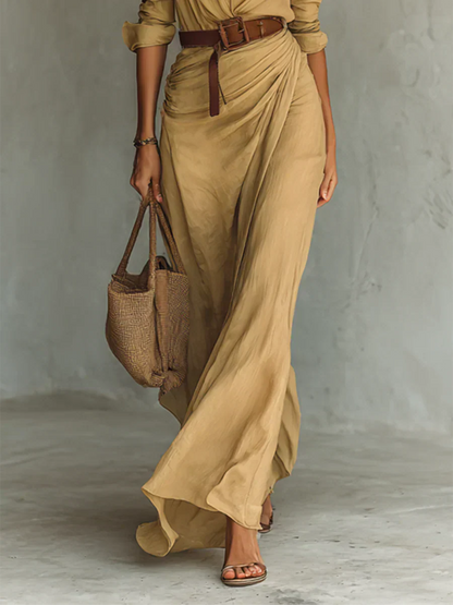 Unquestionably Sophisticated Architectural Contemporary Lapel Front Crepe Maxi Belted Dress