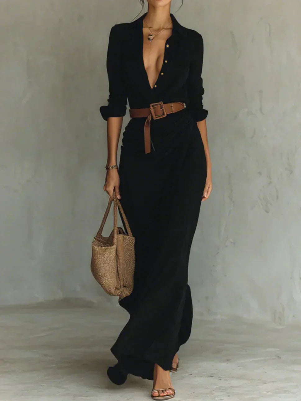 Women's Maxi Dress with Lapel Collar and Long Sleeves