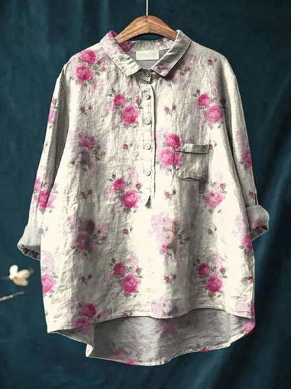 Women's Floral Blouse with Short Sleeves and Lightweight Fabric